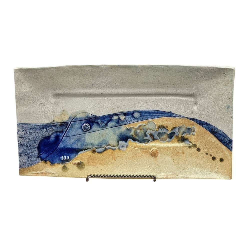 Artisan Signed Studio‎ Pottery Coastal Seashell Rectangular Platter Blue Tan 16"